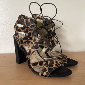 Sam Edelman Block Heels Strappy Sandals 8.5 Gladiator Dyed Cow Fur Leopard Print